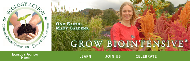 Ecology Action Logo, links to home page www.growbiointensive.org, learn, join us, celebrate, share this page