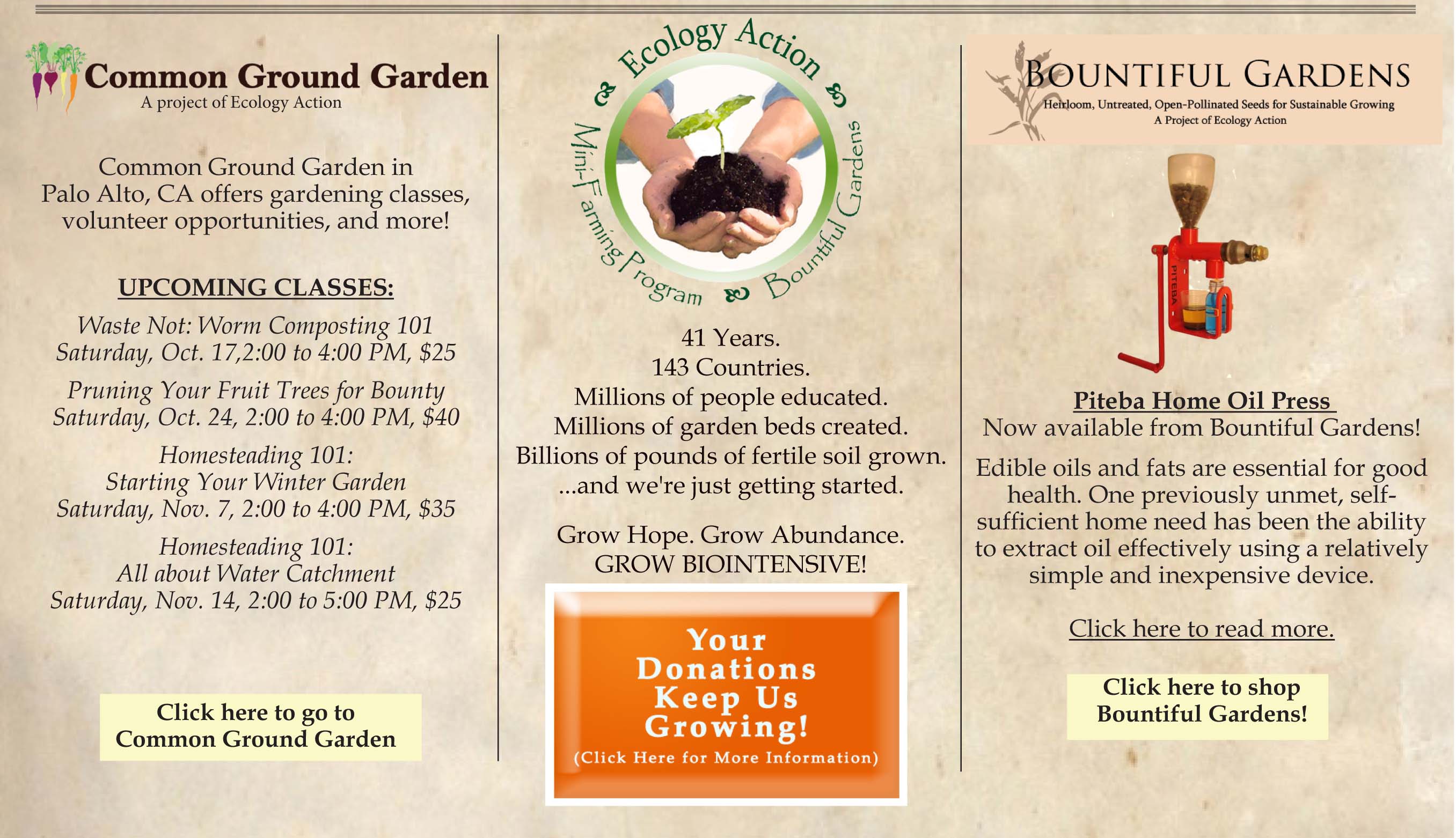 ______
41 Years.
143 Countries.
Millions of people educated.
Millions of garden beds created.
Billions of pounds of fertile soil grown.
...and we're just getting started.
Grow Hope. Grow Abundance.
GROW BIOINTENSIVE!
Please donate to keep our work growing at home and around the world!
http://www.growbiointensive.org/giving
___________________________________________
Common Ground Garden 
While the Common Ground Garden Supply and Education Center closed its doors in 2014, our Common Ground Garden in Palo Alto, CA is still growing strong, offering gardening classes for kids and adults, gardening volunteer opportunities, and more! Visit us online to learn more: 
http://www.commongroundgarden.org
___________________________________________
Bountiful Gardens: Seeds, Tools and Books Online
The new 8th edition of John Jeavons' classic Biointensive gardening handbook, How to Grow More Vegetables is available from Ecology Action's online store, Bountiful Gardens, along with organic seeds, quality tools and other books, articles and videos on sustainable living.
http://www.bountifulgardens.org
___________________________________________
©2015 Ecology Action. All Rights Reserved.
---------------------------------------------------------------------