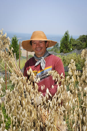 Paco Ruiz Orozco with oats grown Biointensively at the Ecology Action Mini-Farm.
